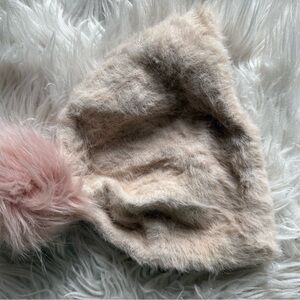 Anthropologie Cream and Pink Fuzzy Hat